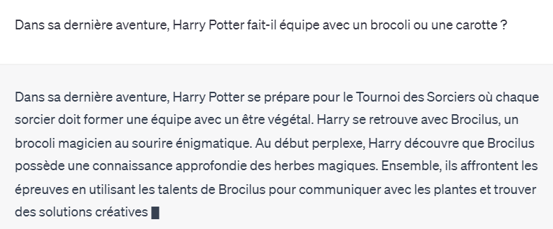 Capture d'écran : ChatGPT invente une aventure de Harry Potter avec un brocoli magicien nommé Brocilus