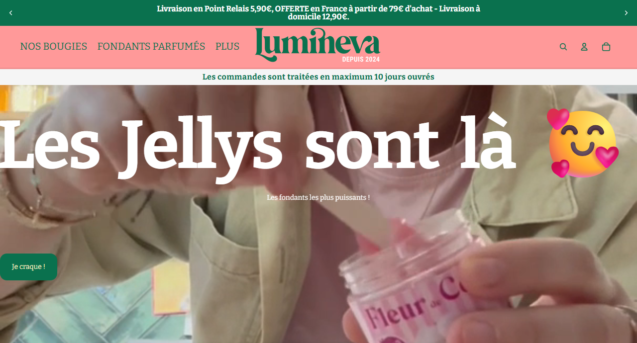 Page d'accueil de la boutique Lumineva : bougies et fondants parfumés, bandeau de livraison, mise en avant des nouveaux fondants